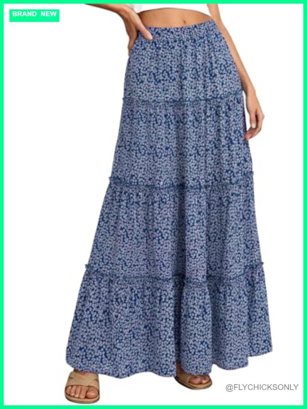 Floral Maxi Skirt Womens Elastic Waist Tiered Flowy Beach Vacation